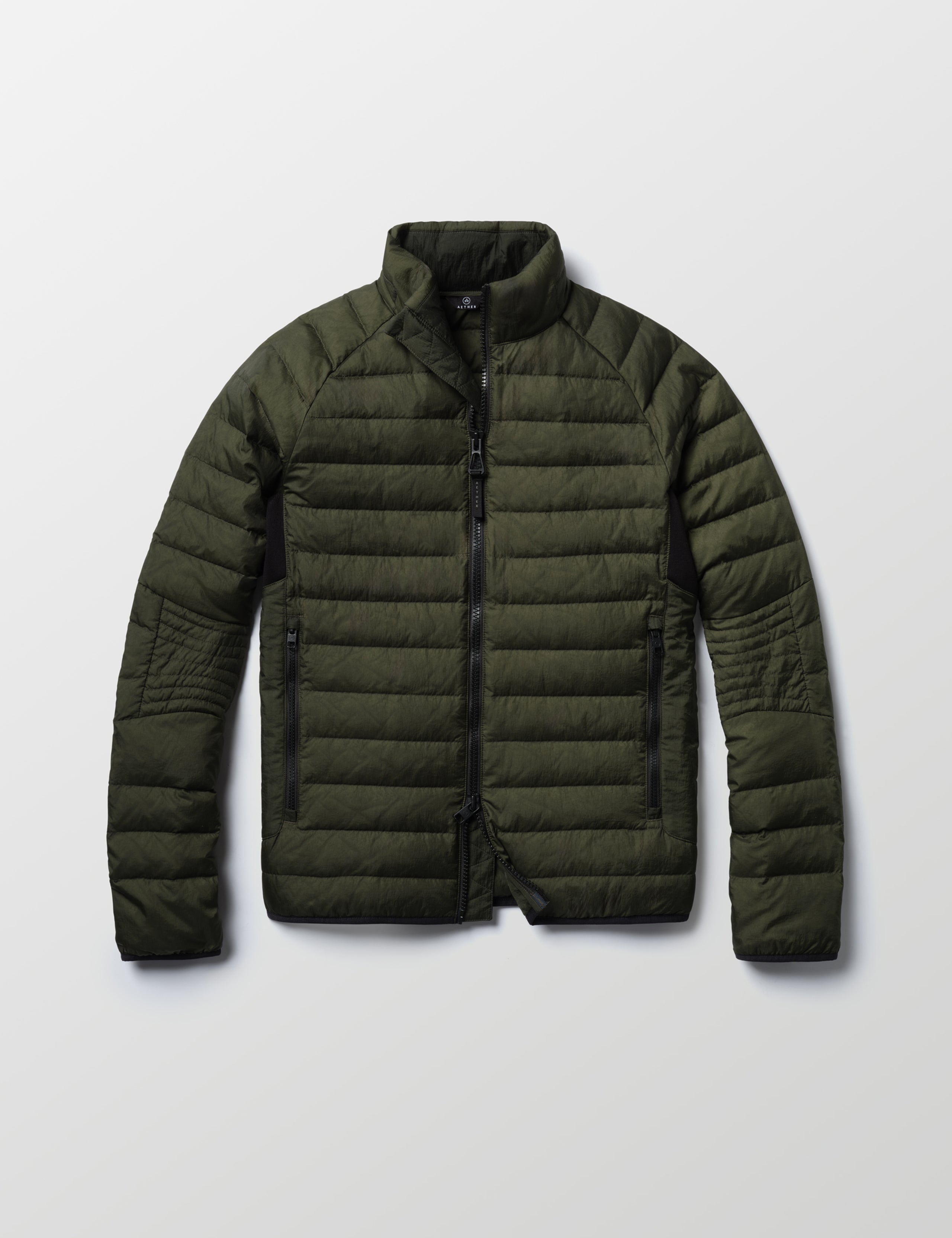 Flat lay of Prospect Packable Down Jacket in Forest Green from AETHER Apparel.